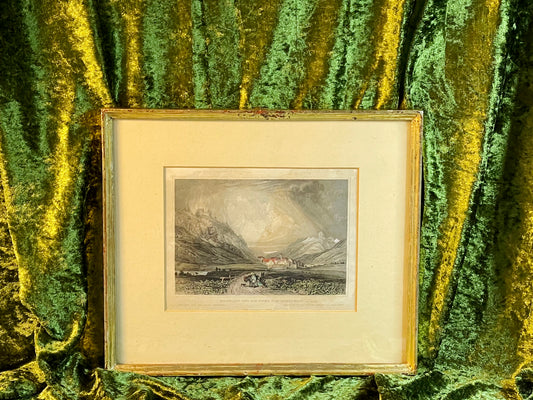 Antique hand-coloured engraving of Madulain and Burg Guardaval, Switzerland, framed