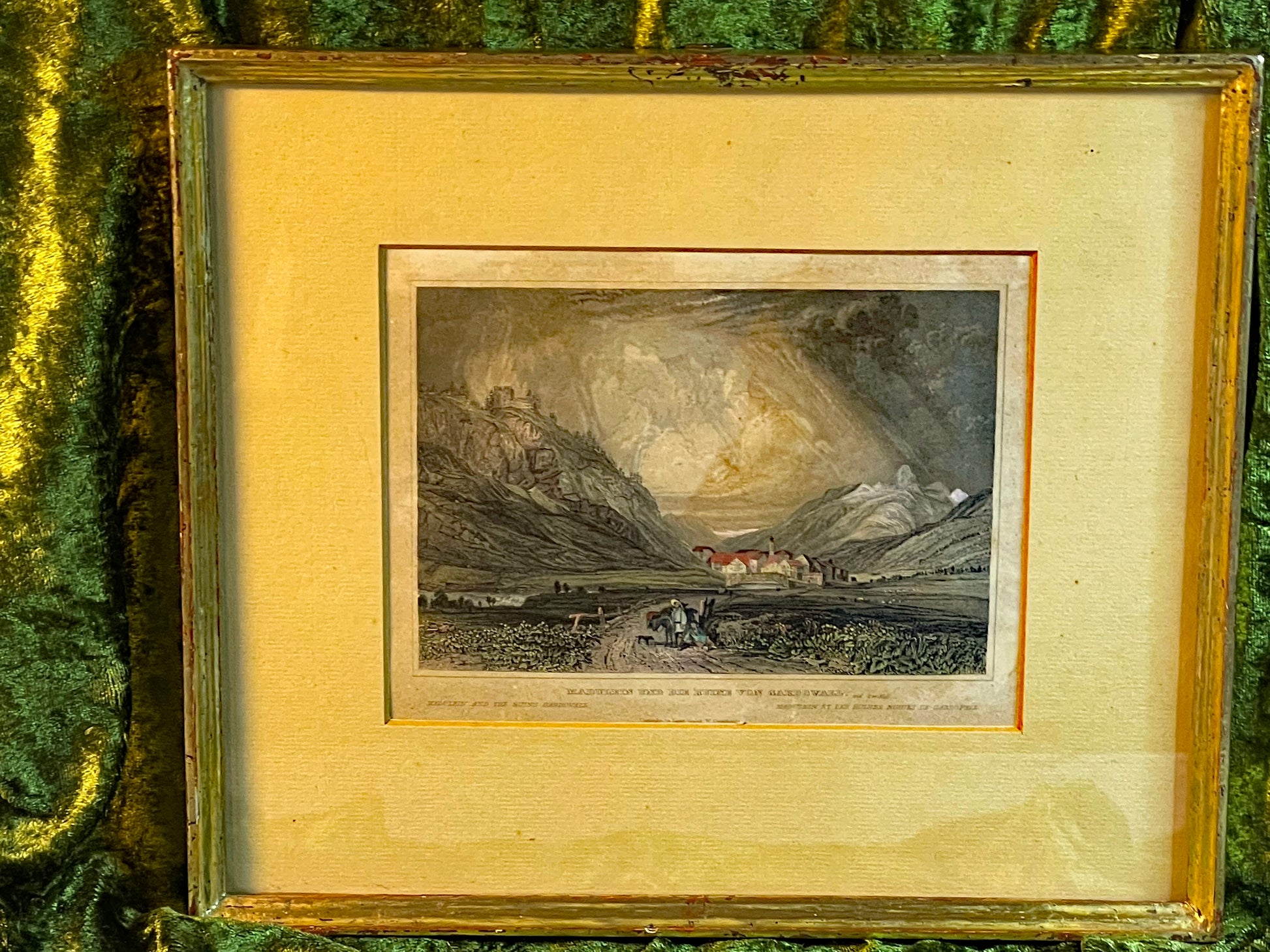 Detail of hand-coloured alpine landscape engraving by Muller and Winkles