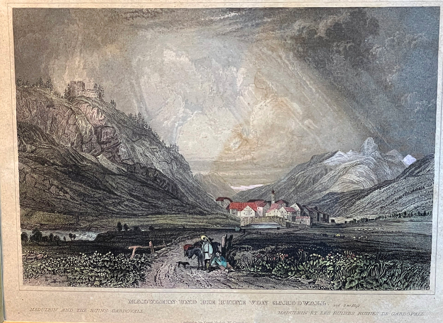 View of the engraving showing crumbling castle ruins and valley