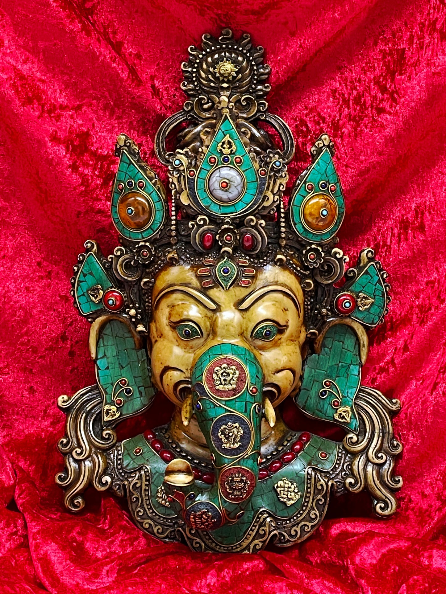 Unique Tibetan Ganesha Mask | Handcrafted Brass Wall Sculpture with Stone Inlay