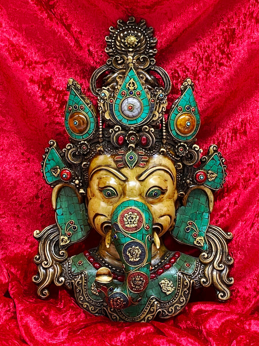 Unique Tibetan Ganesha Mask | Handcrafted Brass Wall Sculpture with Stone Inlay