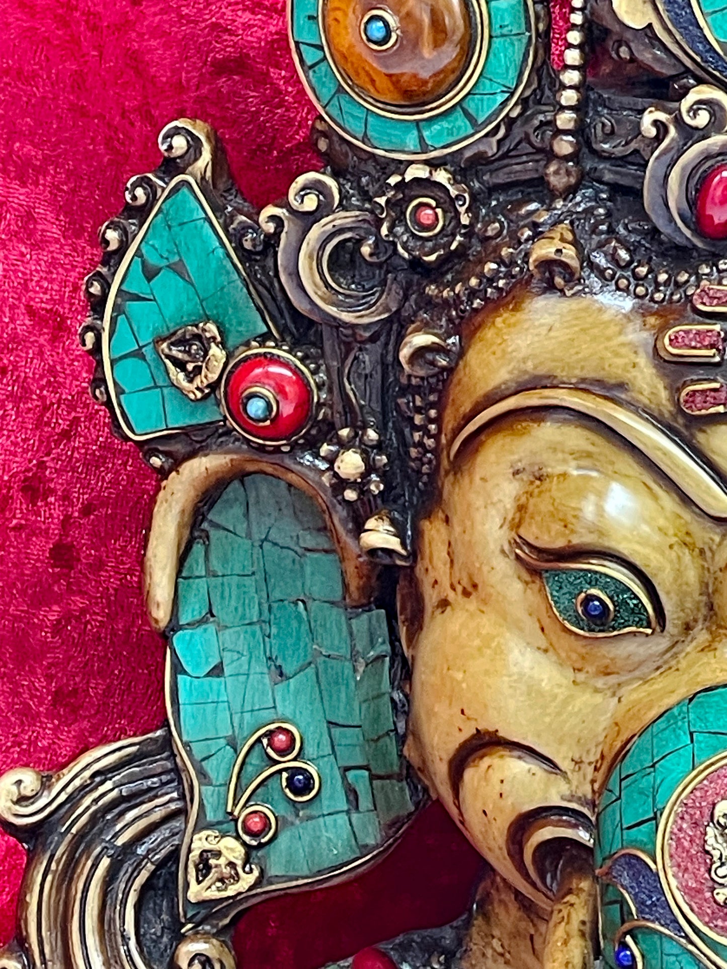 Unique Tibetan Ganesha Mask | Handcrafted Brass Wall Sculpture with Stone Inlay