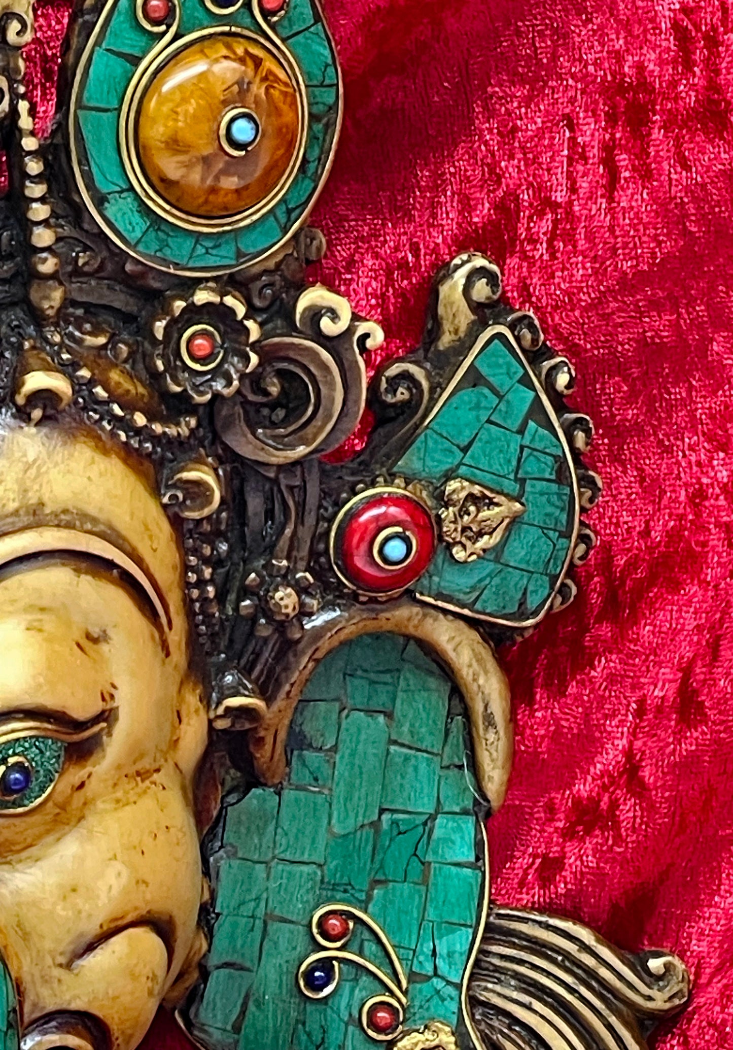 Unique Tibetan Ganesha Mask | Handcrafted Brass Wall Sculpture with Stone Inlay