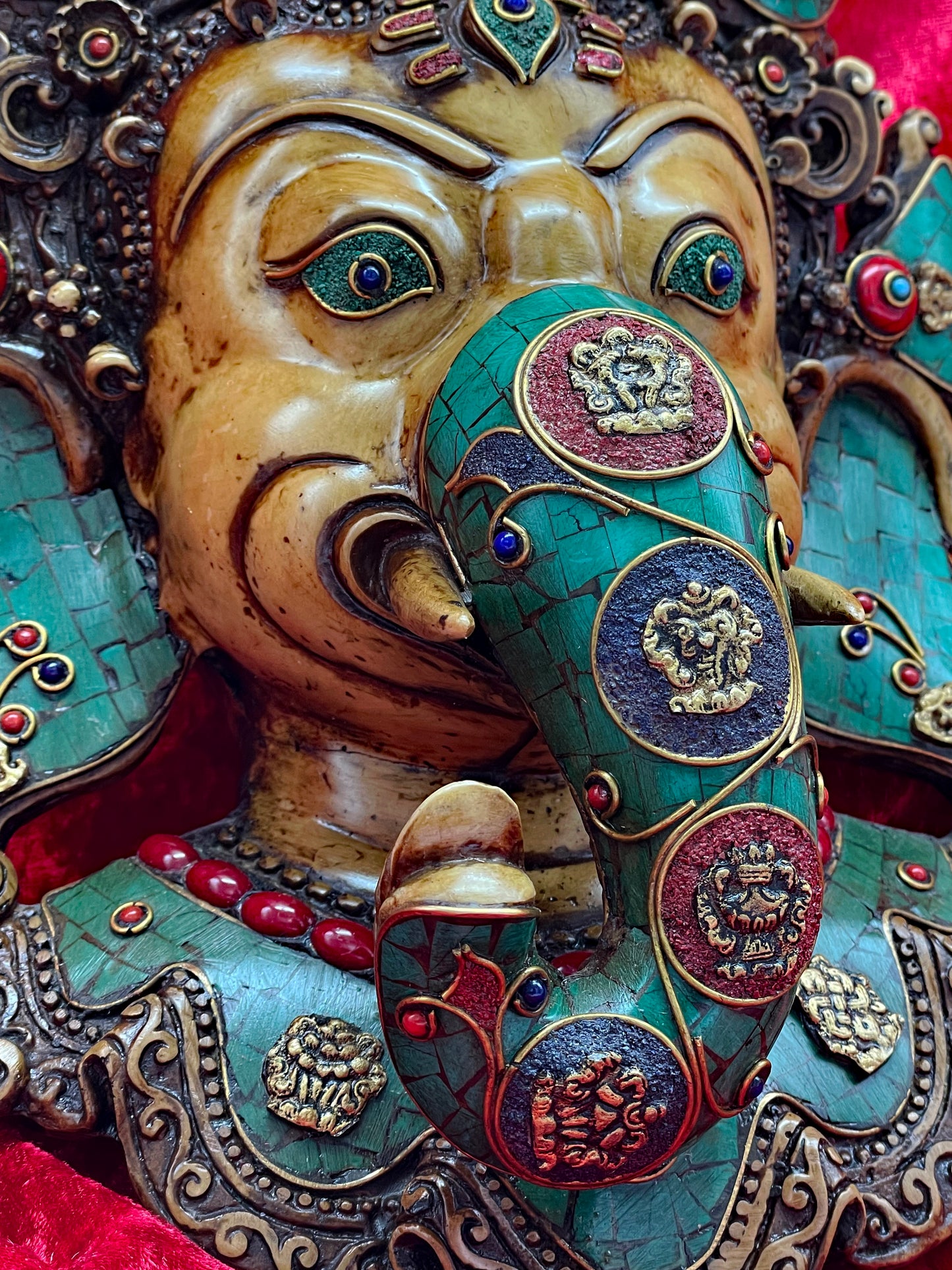 Unique Tibetan Ganesha Mask | Handcrafted Brass Wall Sculpture with Stone Inlay