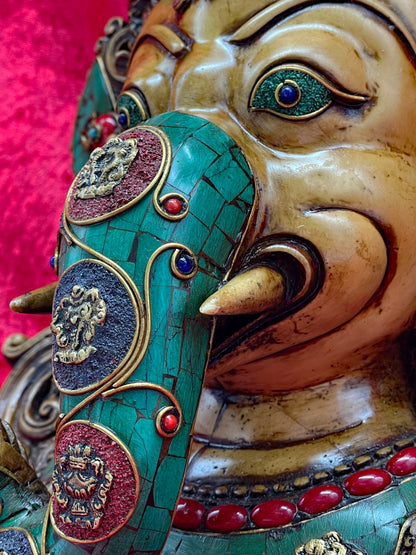 Unique Tibetan Ganesha Mask | Handcrafted Brass Wall Sculpture with Stone Inlay