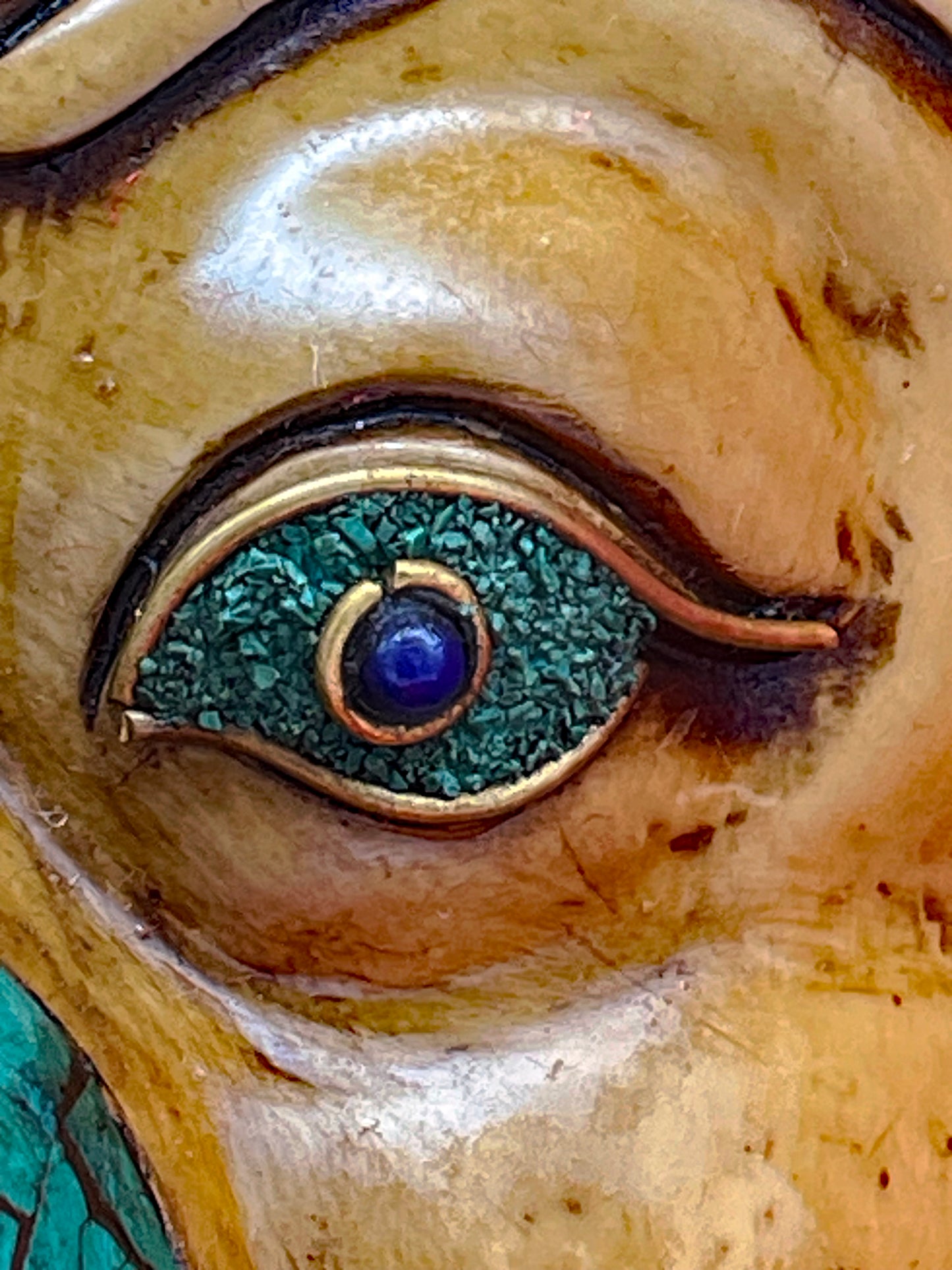 Unique Tibetan Ganesha Mask | Handcrafted Brass Wall Sculpture with Stone Inlay