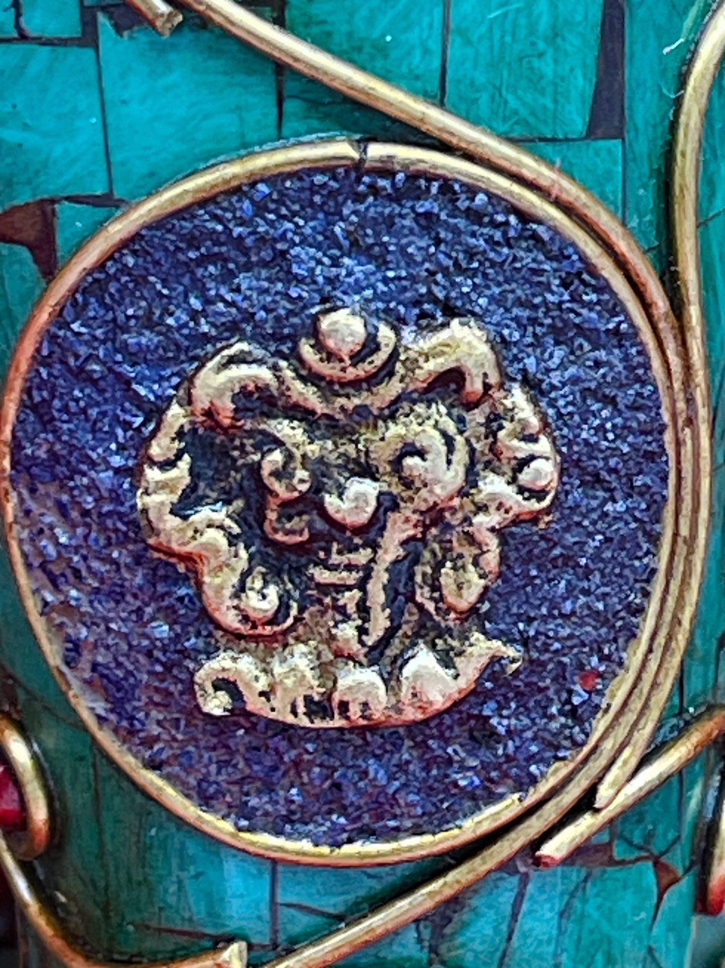 Unique Tibetan Ganesha Mask | Handcrafted Brass Wall Sculpture with Stone Inlay