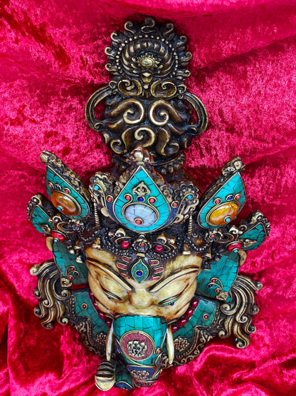 Unique Tibetan Ganesha Mask | Handcrafted Brass Wall Sculpture with Stone Inlay