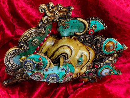 Unique Tibetan Ganesha Mask | Handcrafted Brass Wall Sculpture with Stone Inlay
