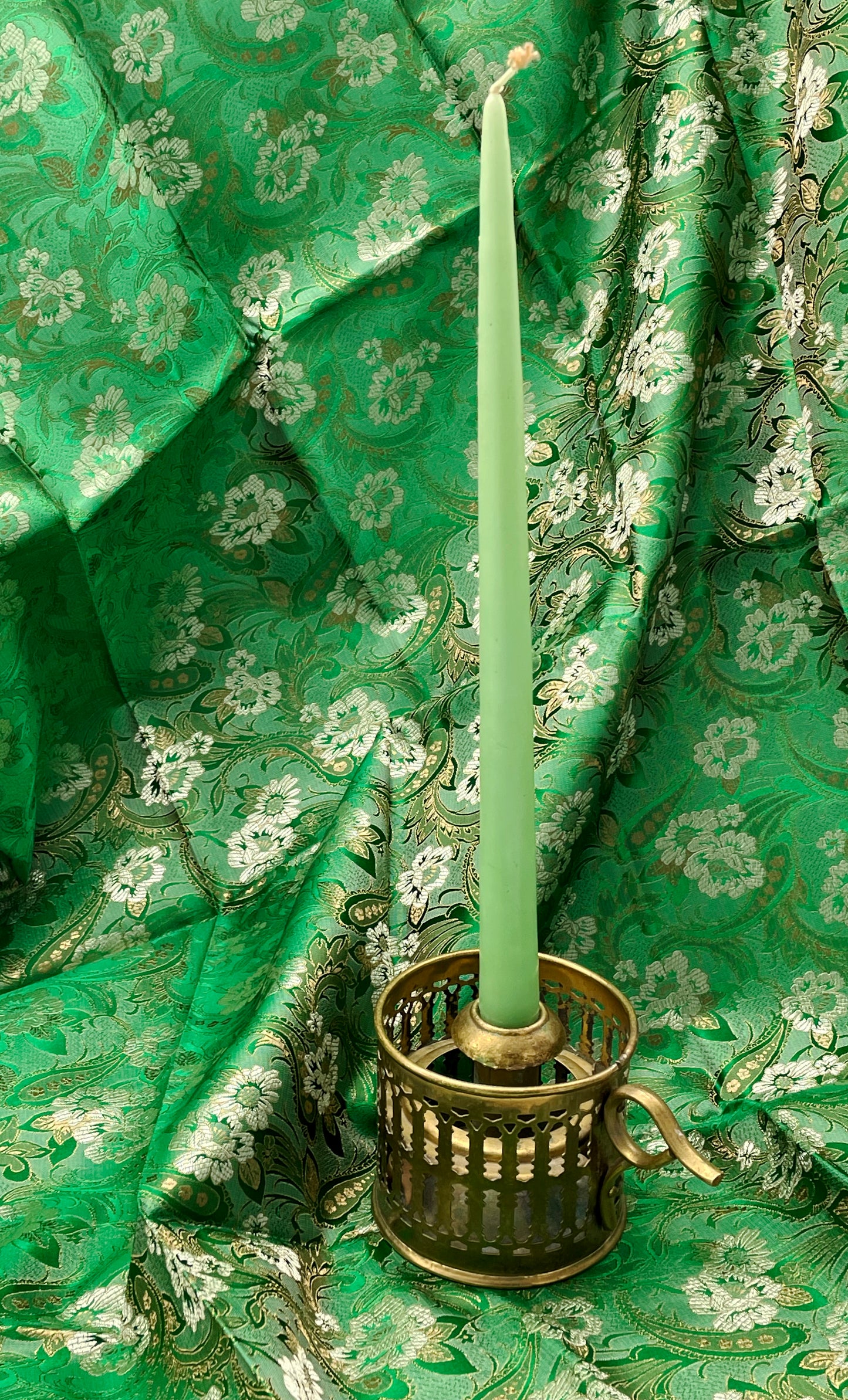Antique brass chamberstick candle holder to go with green candle