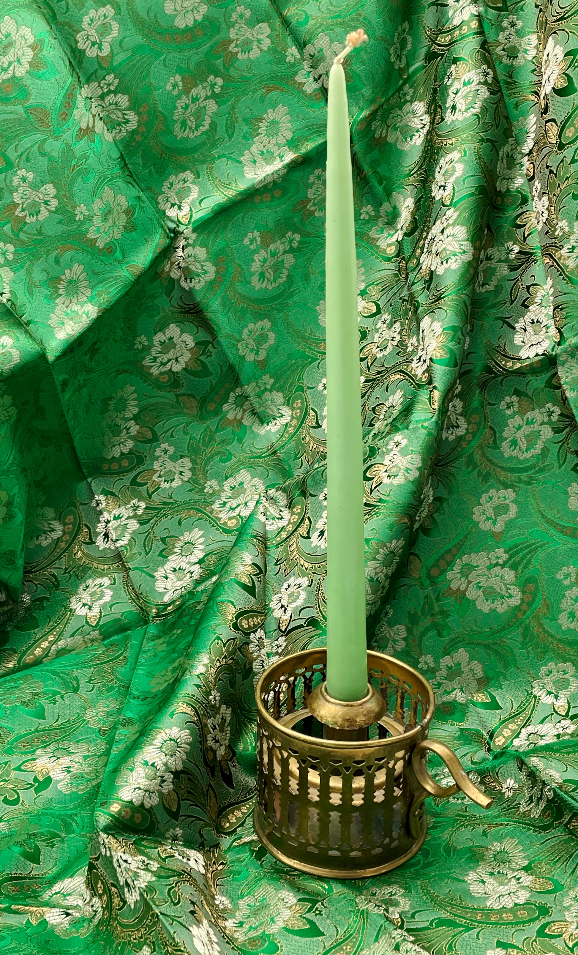 Antique brass chamberstick candle holder to go with green candle