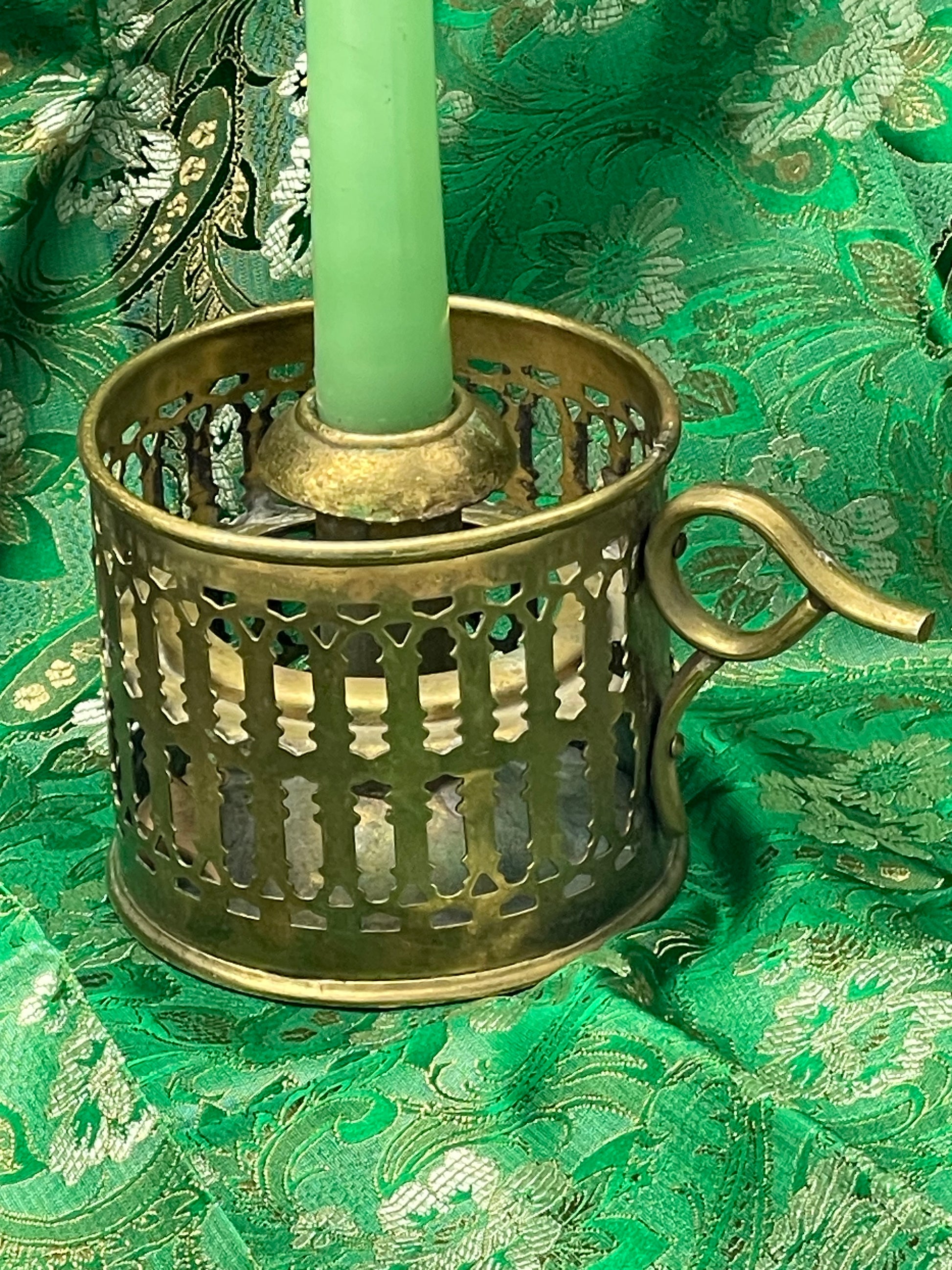 Brass candle holder galleried lattice detail