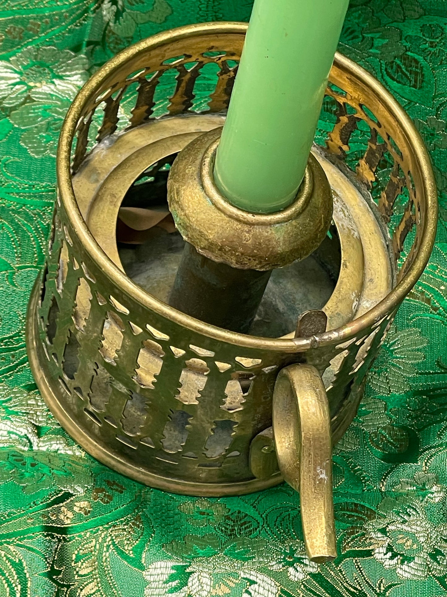 Antique brass candle holder finger loop handle