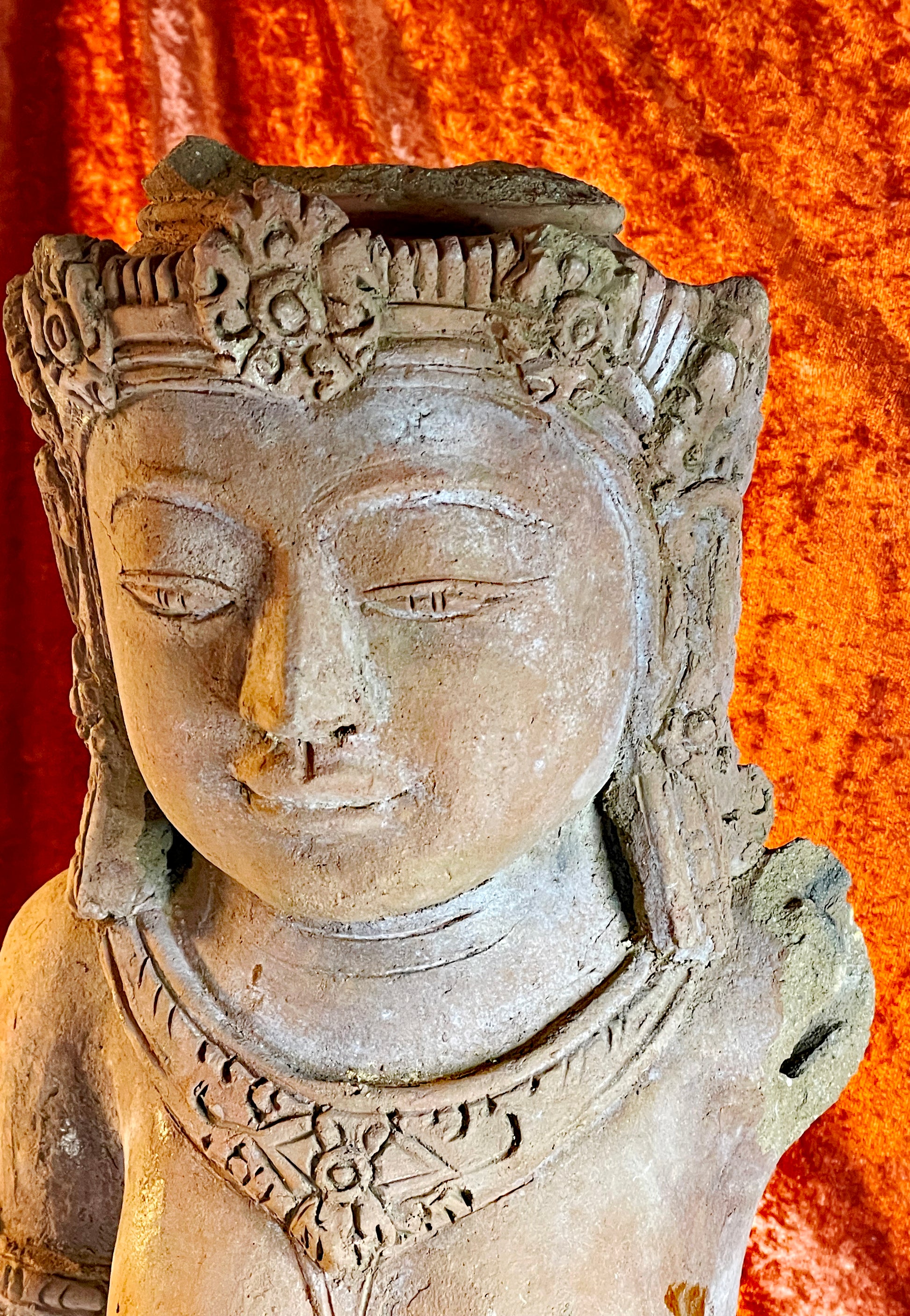 Antique terracotta goddess torso temple figure full view