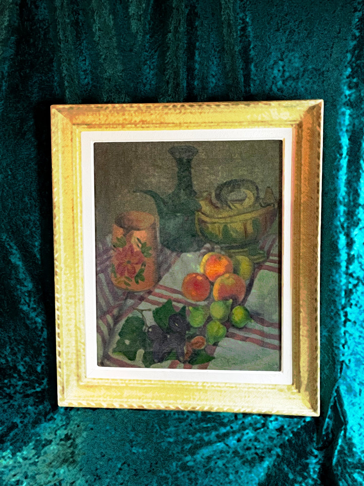 Louise Chimot Les Figues framed still life painting shown on teal velvet