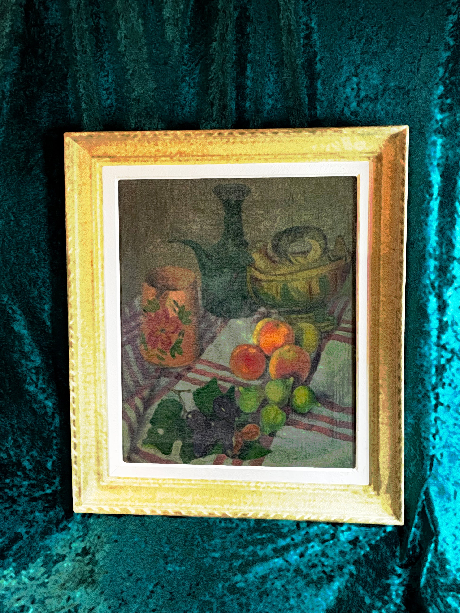 Louise Chimot Les Figues framed still life painting shown on teal velvet