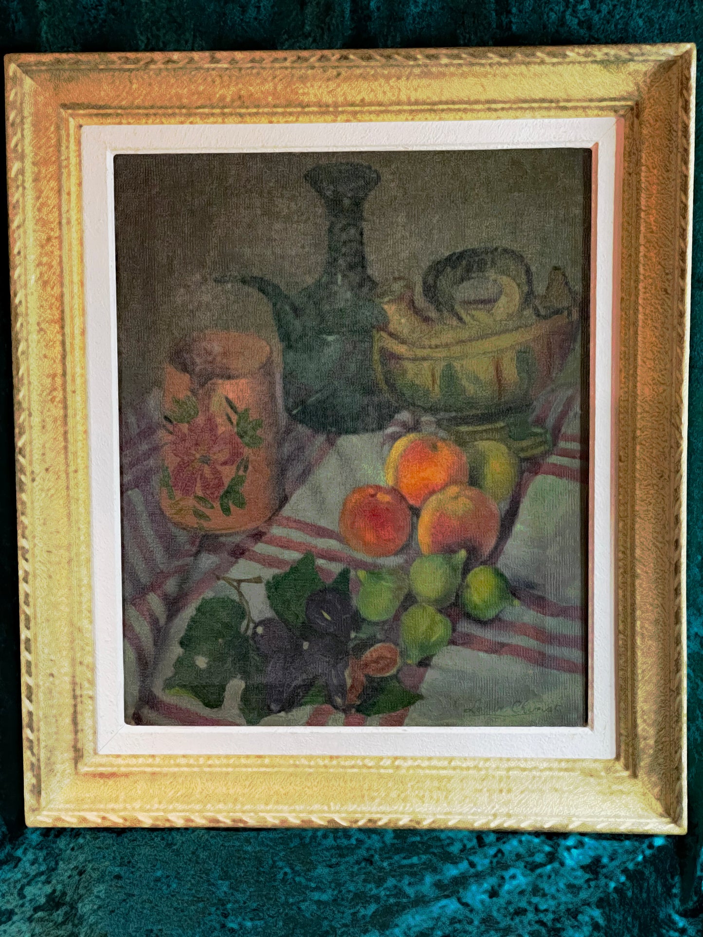 Les Figues still life oil painting by Louise Chimot in original giltwood frame