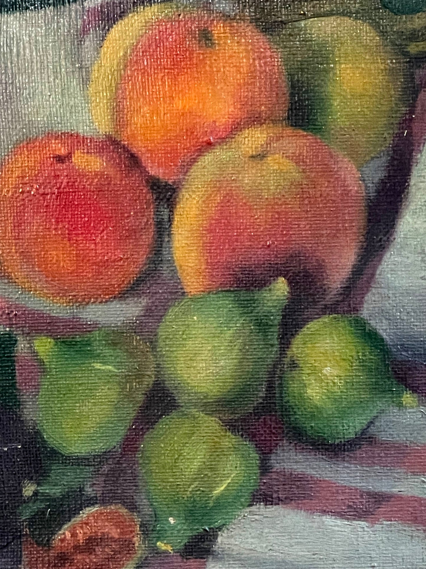 Detail of painted peaches and figs in Louise Chimot still life Les Figues