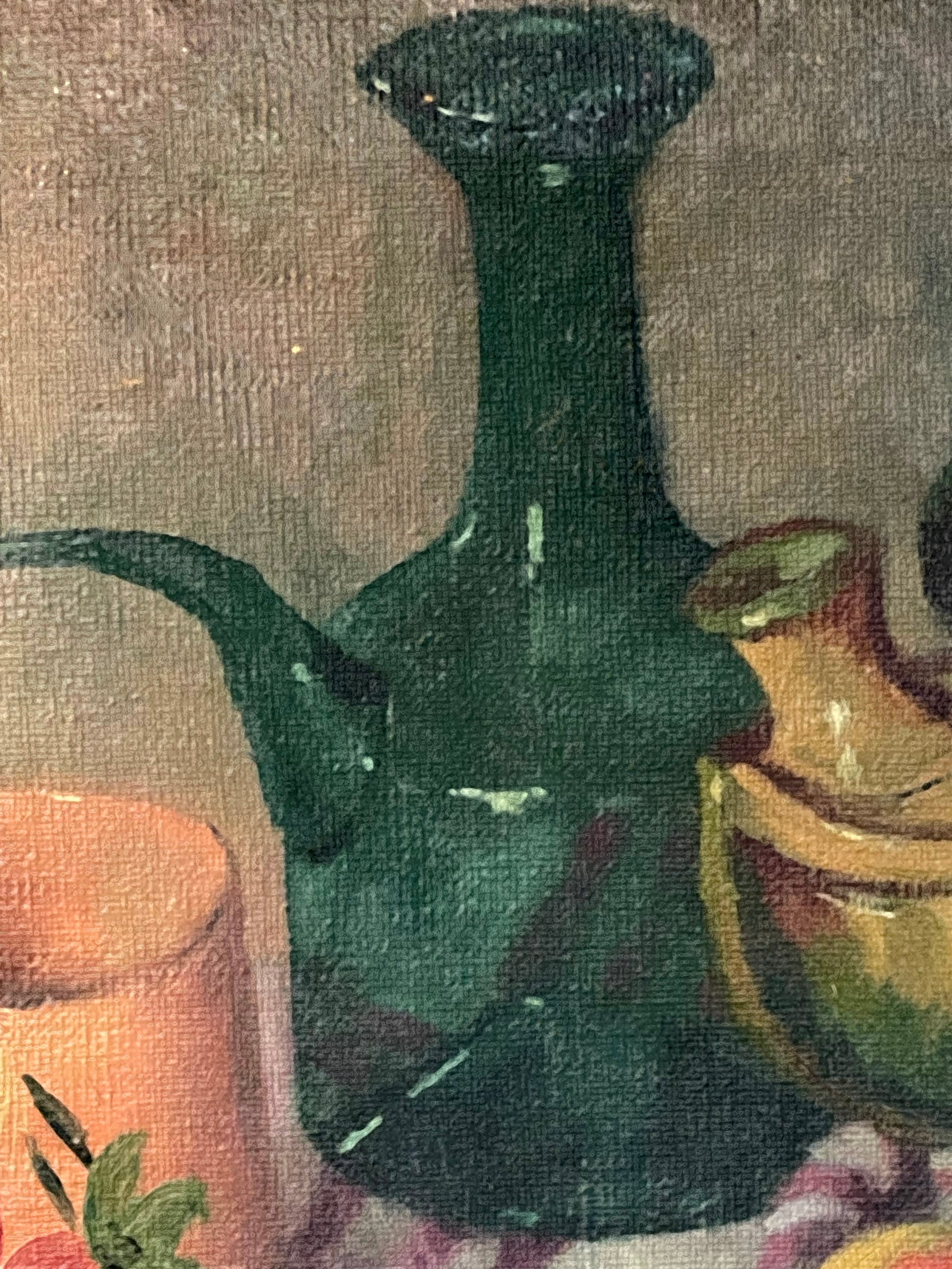 Detail of the green ceramic pitcher in Louise Chimot still life Les Figues