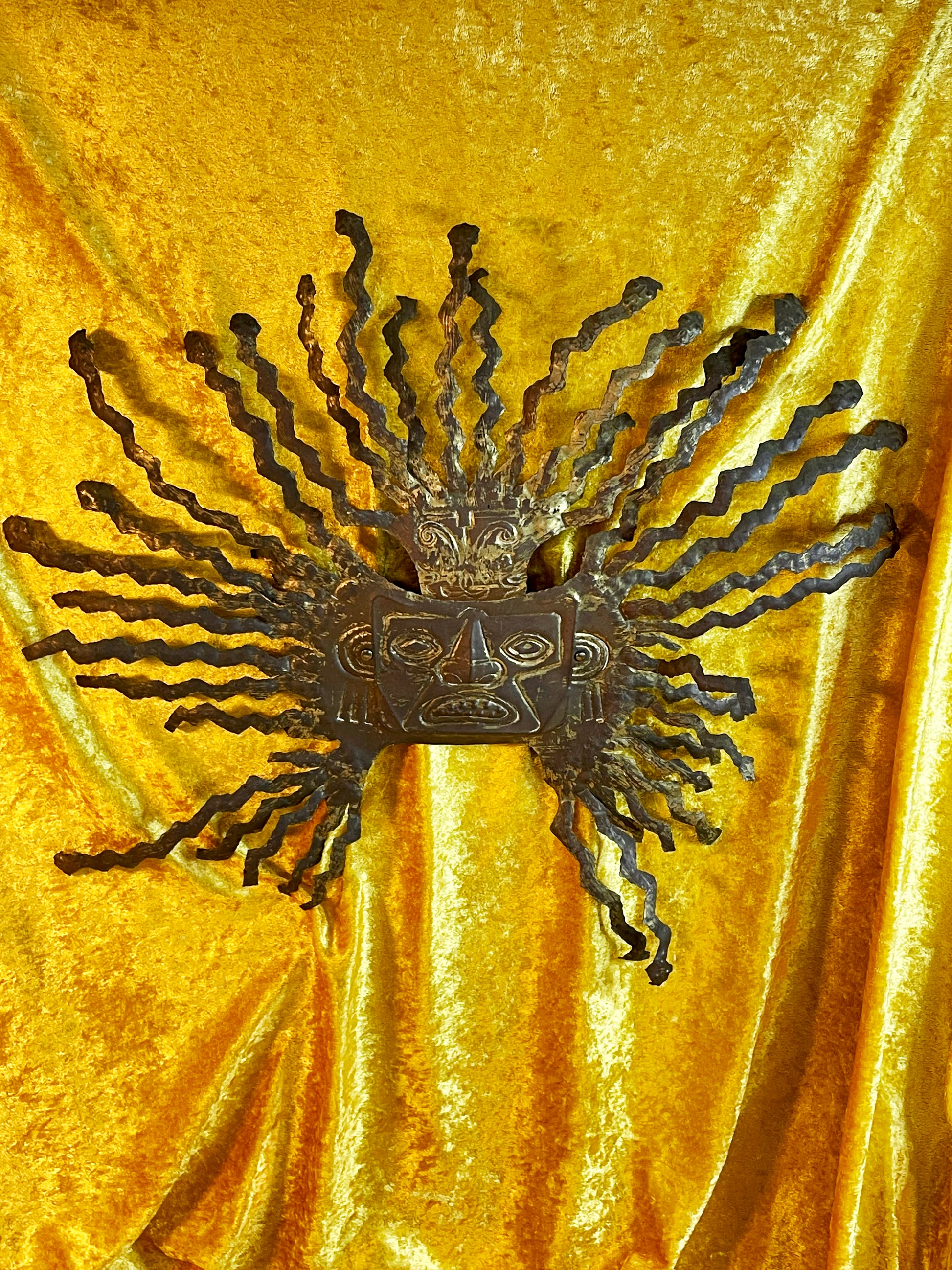 Aztec Maya brass sun mask hand-forged rays detail