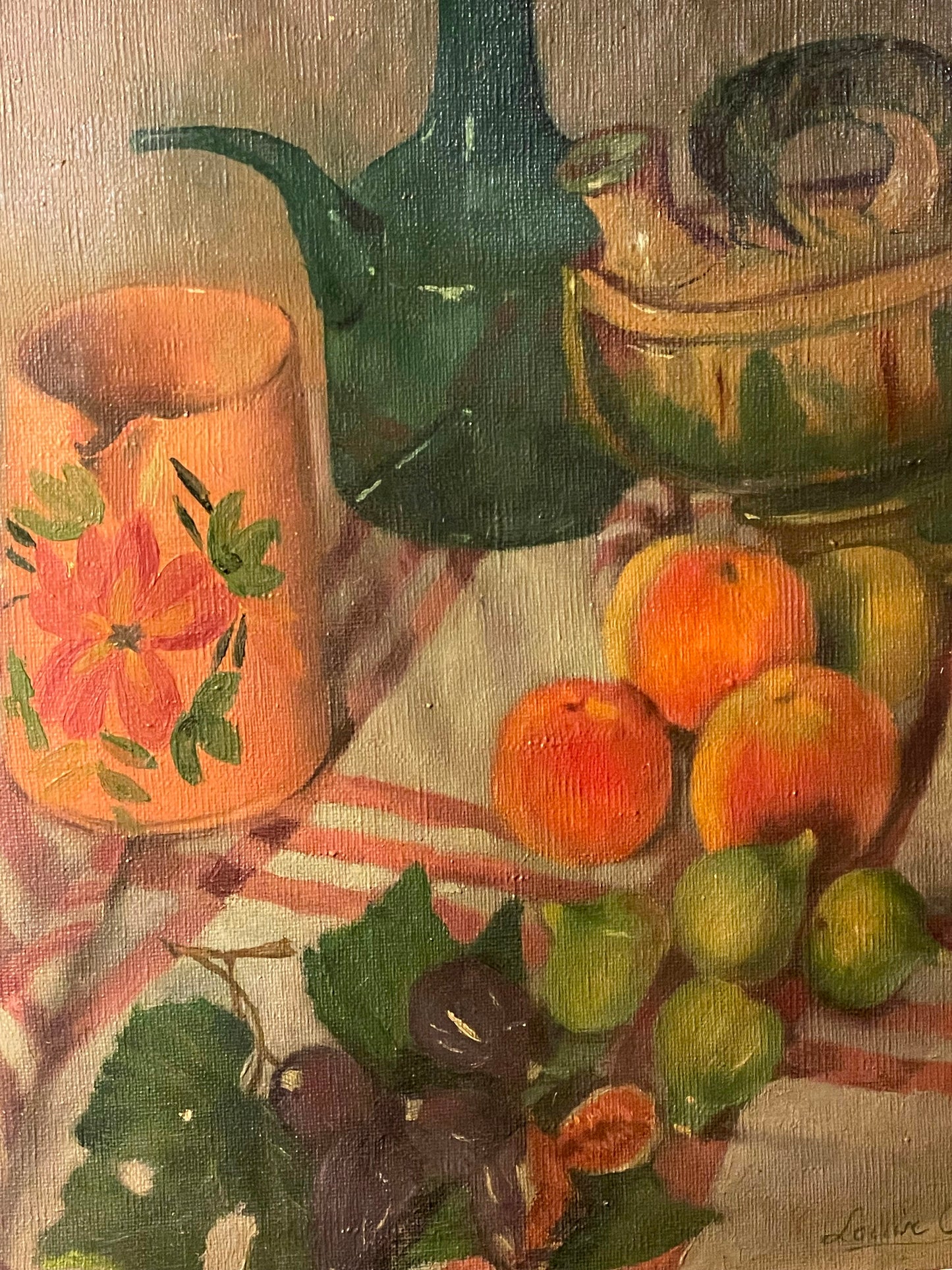 Les Figues French Art Deco still life oil painting by Louise Chimot, close detail of figs, peaches and green pitcher
