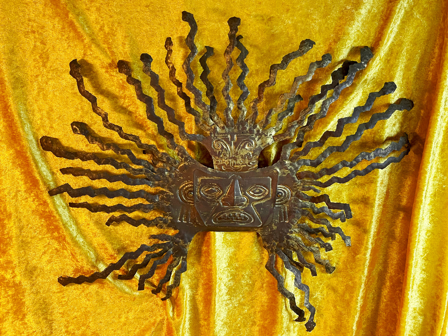Brass sun god wall relief patina and gilding traces