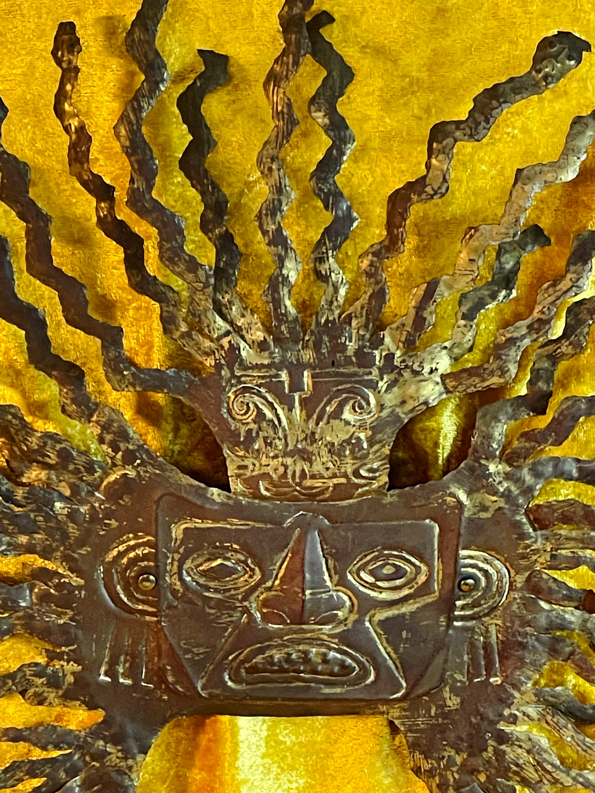 Brass Aztec Maya sun god wall sculpture detail