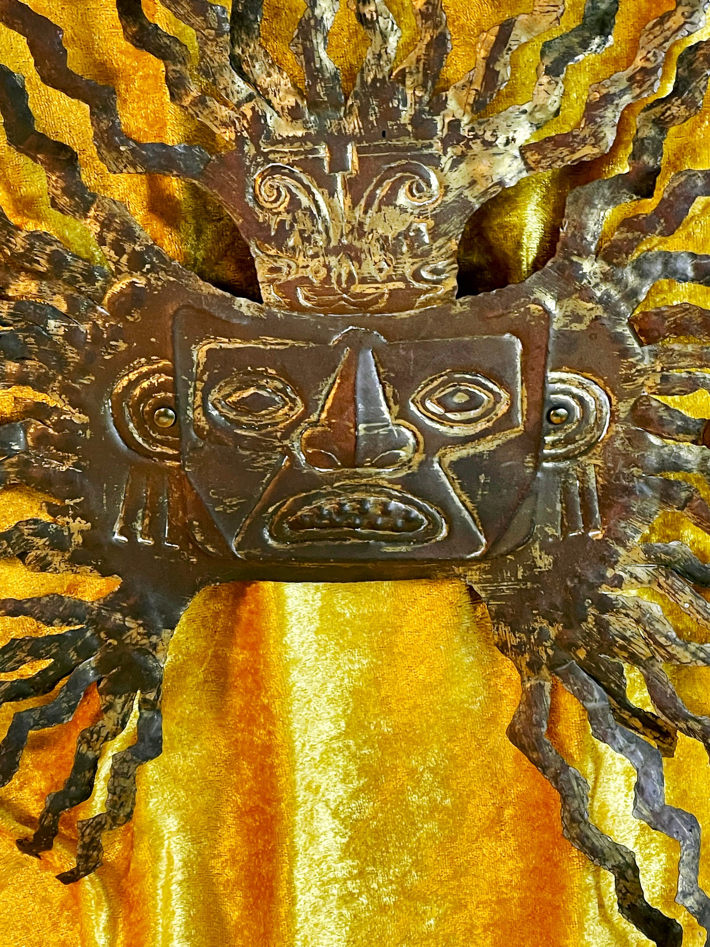 Brass Aztec Maya sun god wall mask full view
