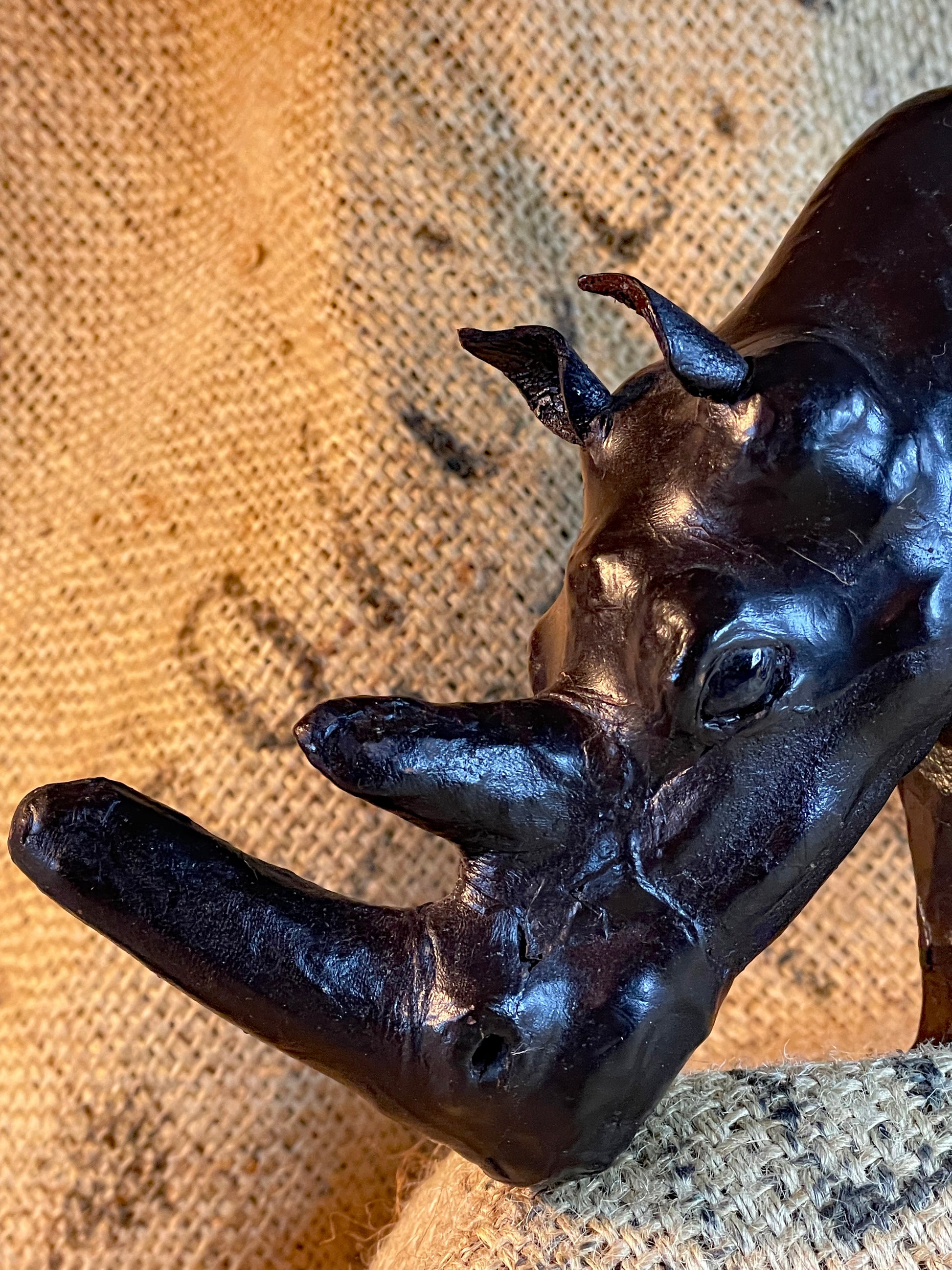 Front detail of the double horn, face and inset Murano glass eye