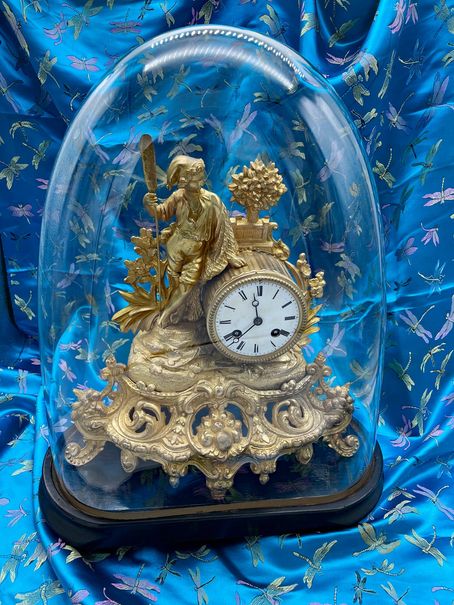 Antique French Gilt Bronze Figural Mantel Clock Under Glass Dome – 19th Century Ornate Decorative Clock