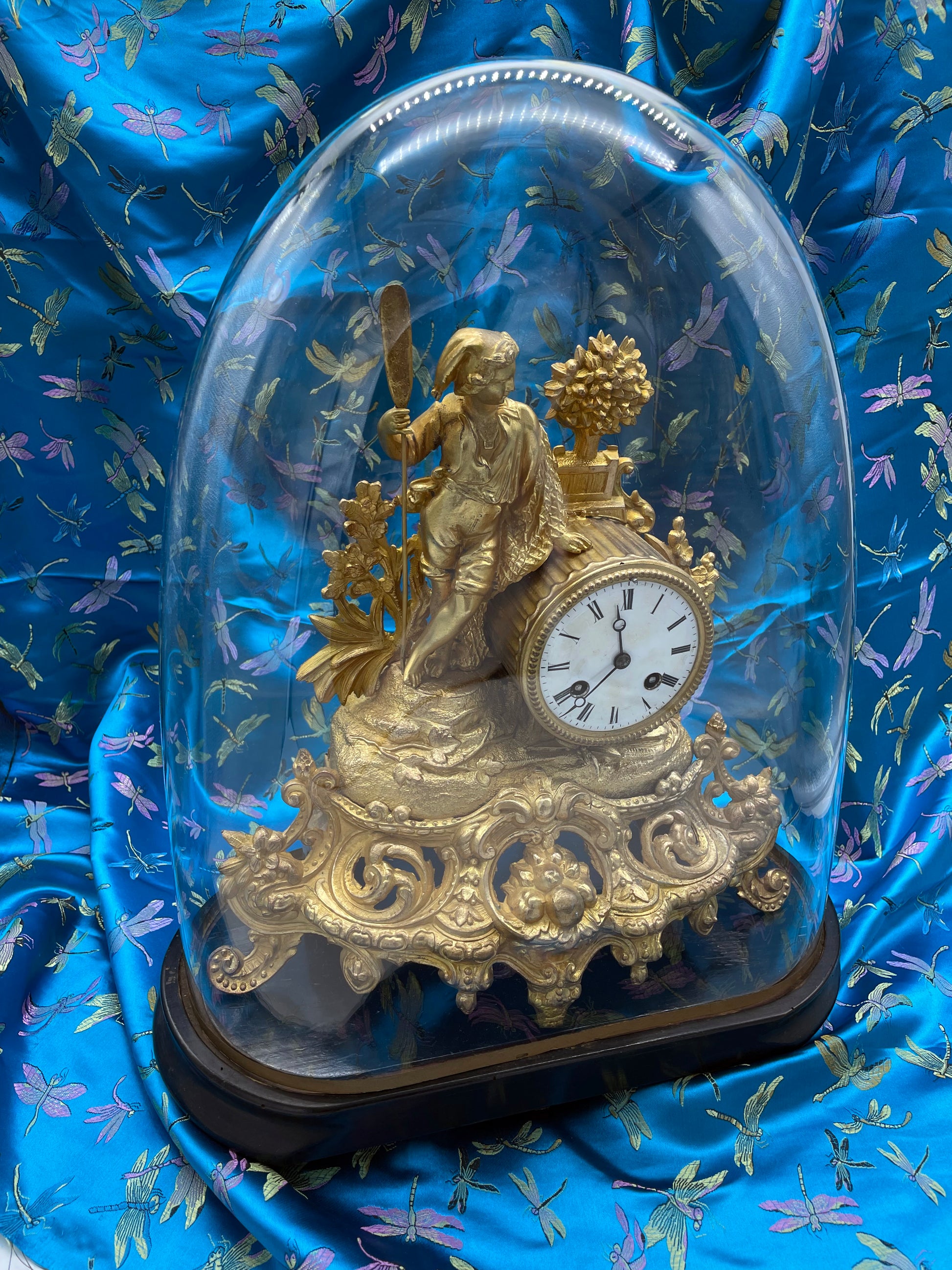 French ormolu figural pendule mantel clock under glass dome