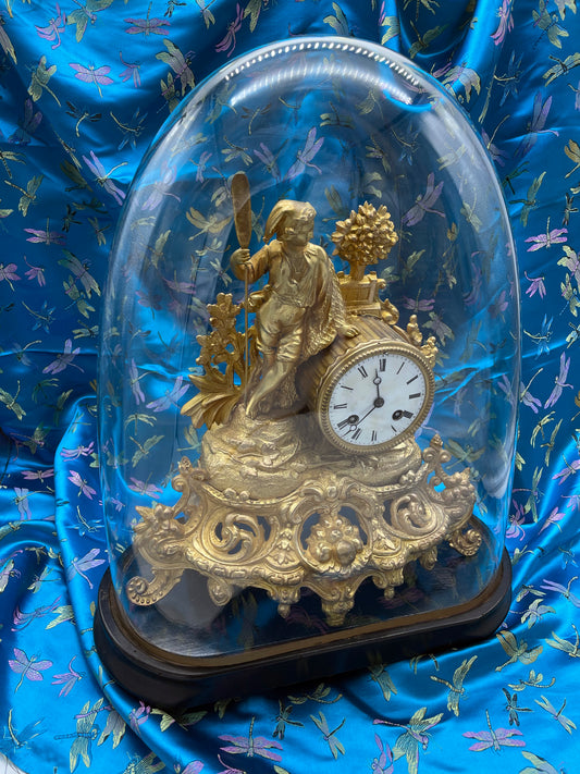 French ormolu figural pendule mantel clock under glass dome