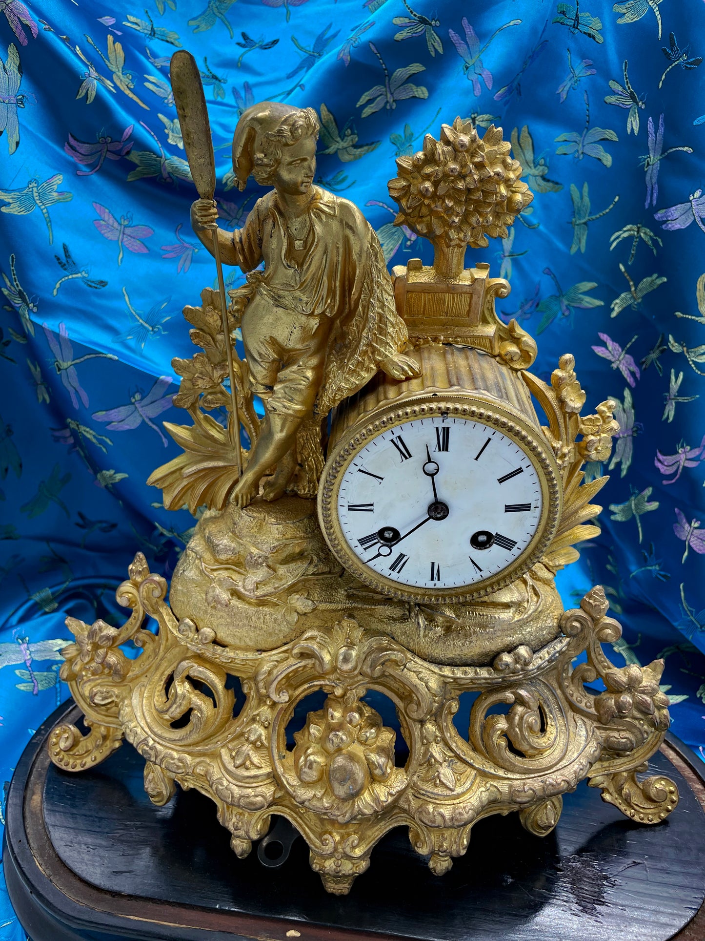 Antique French Gilt Bronze Figural Mantel Clock Under Glass Dome – 19th Century Ornate Decorative Clock