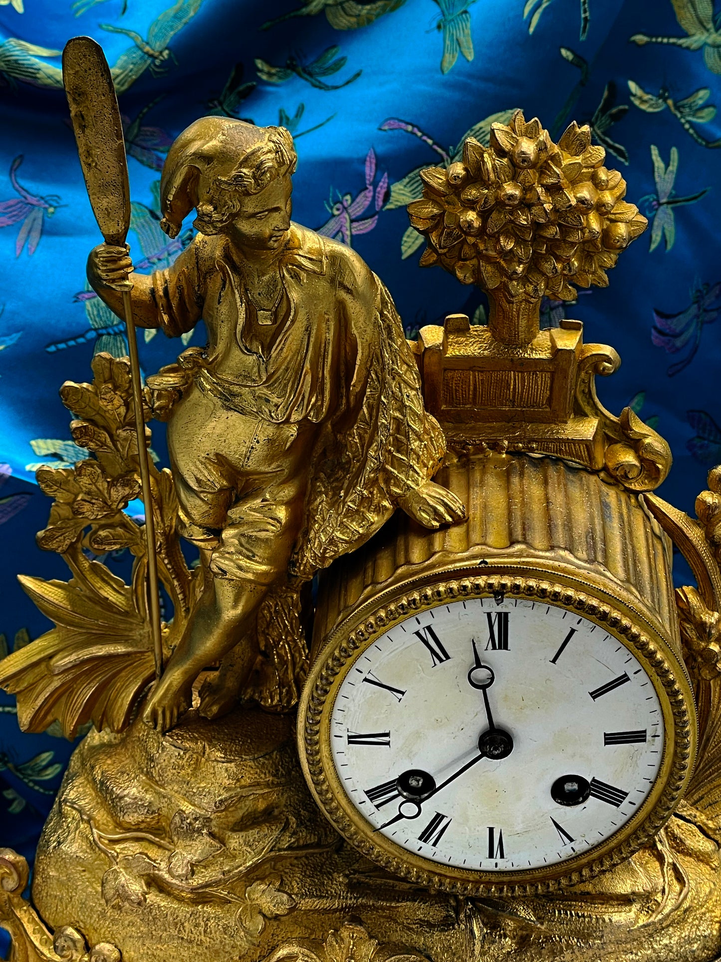 Antique French Gilt Bronze Figural Mantel Clock Under Glass Dome – 19th Century Ornate Decorative Clock