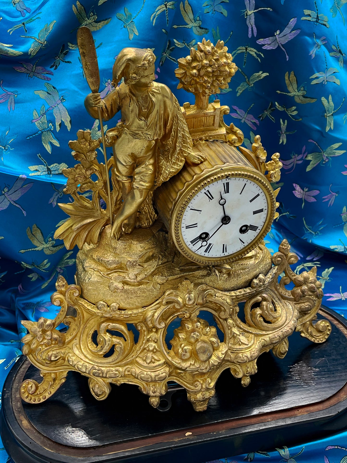 Antique French Gilt Bronze Figural Mantel Clock Under Glass Dome – 19th Century Ornate Decorative Clock