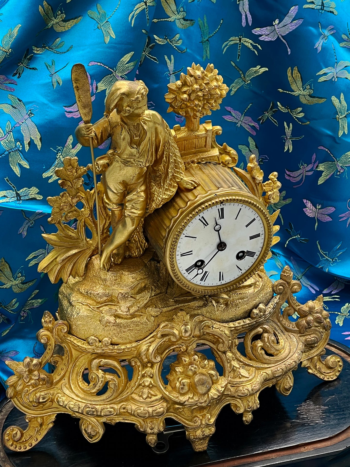 Antique French Gilt Bronze Figural Mantel Clock Under Glass Dome – 19th Century Ornate Decorative Clock