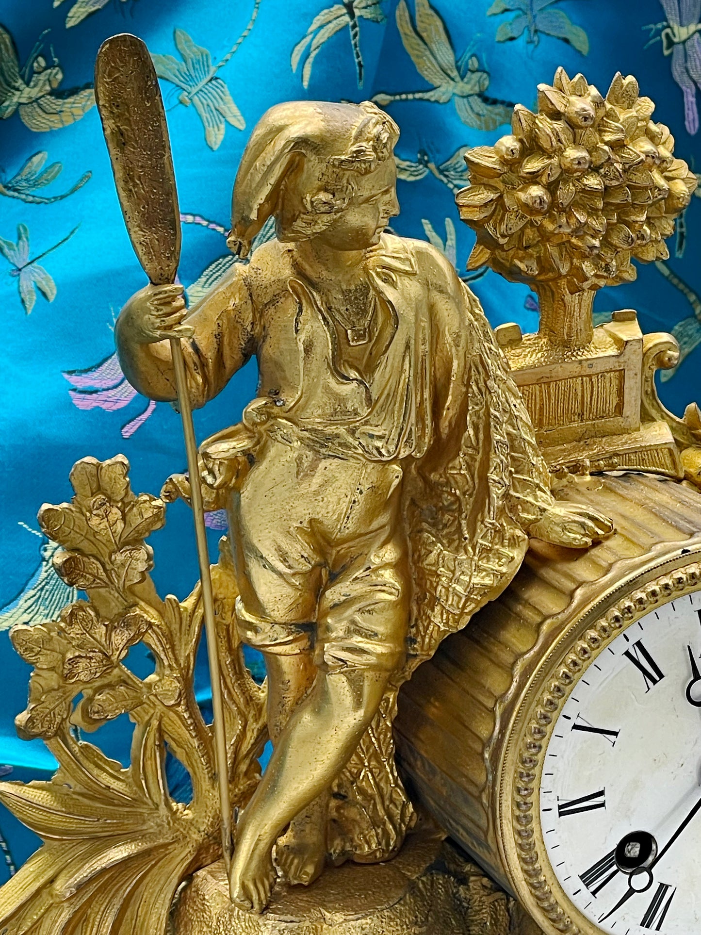 Antique French Gilt Bronze Figural Mantel Clock Under Glass Dome – 19th Century Ornate Decorative Clock