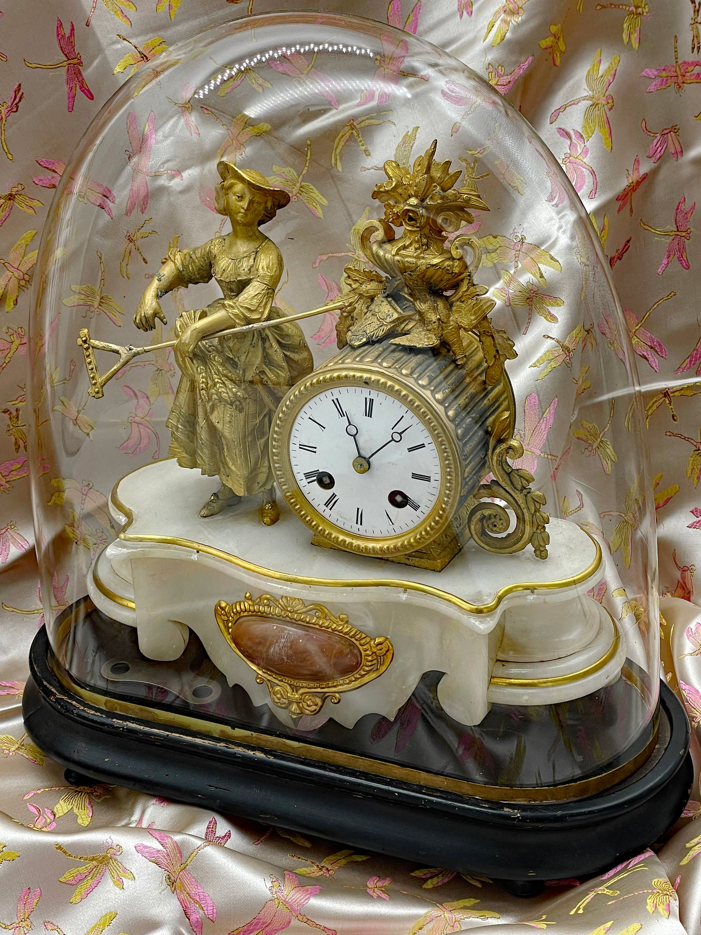 Front view of antique French marble and gilt bronze pendule clock