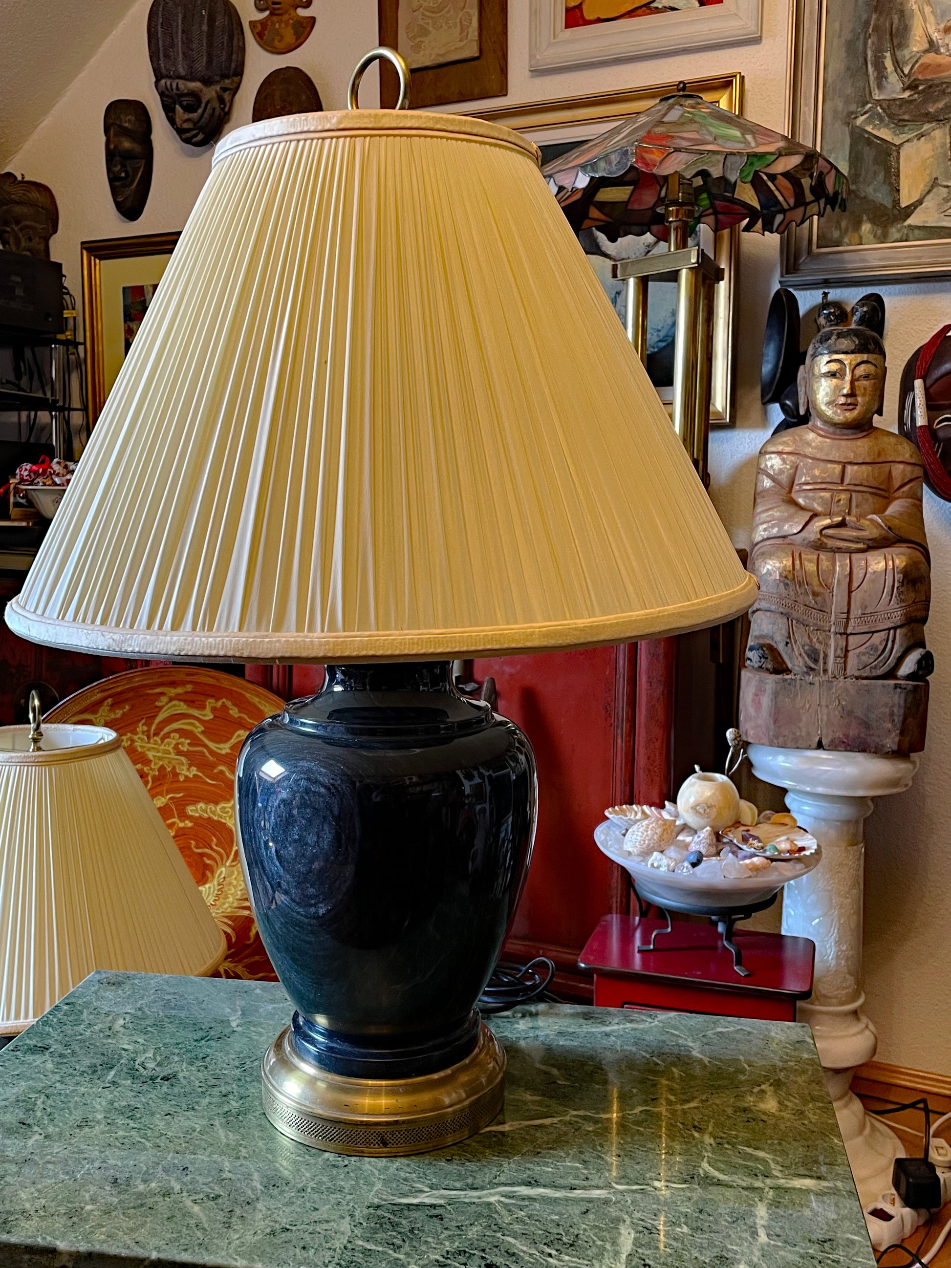 Large blue marble table lamp with brass base