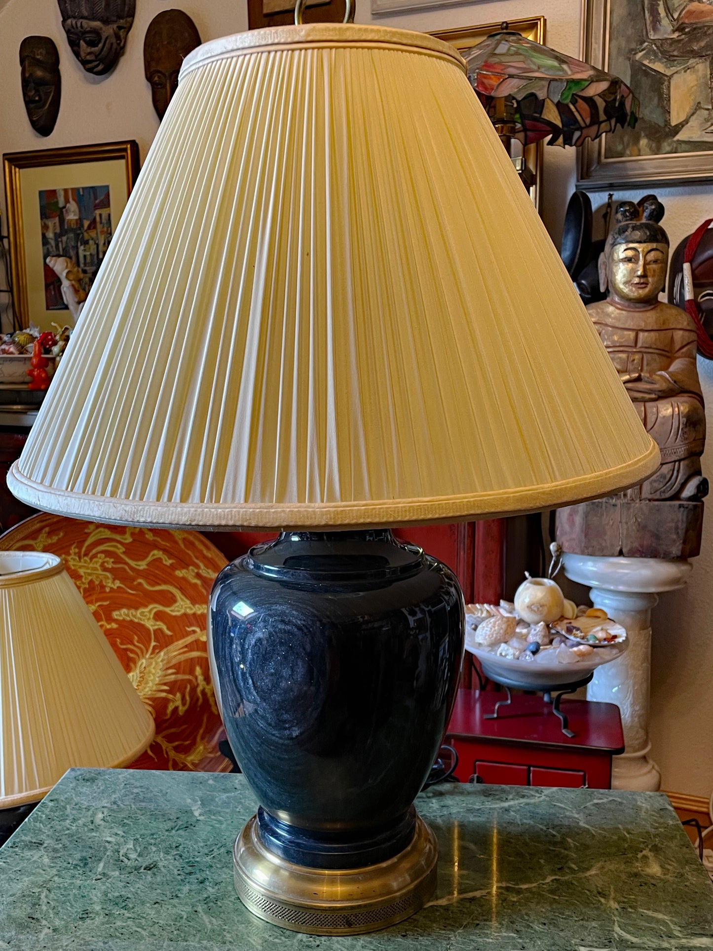 Pair of blue marble and brass designer table lamps with pleated shade