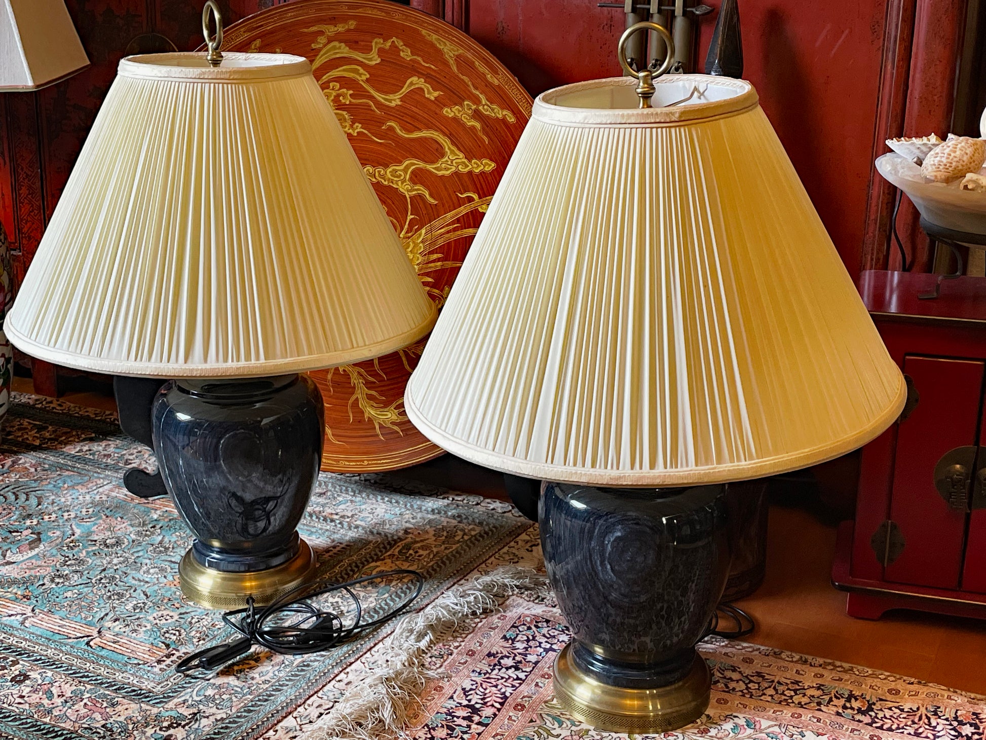 Pair of large marble table lamps full view