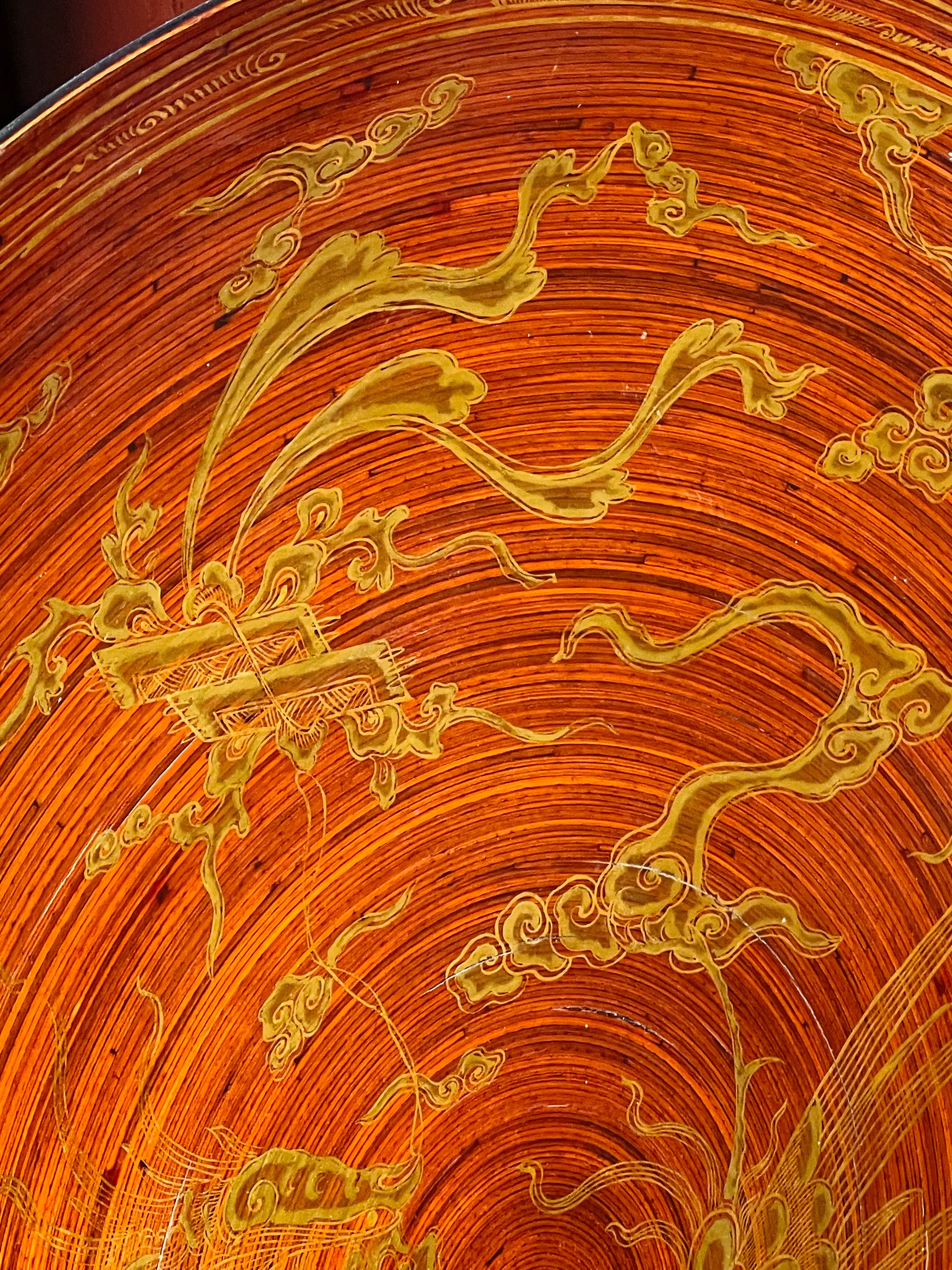 Oversize Chinese lacquer dragon plate on slender display stand