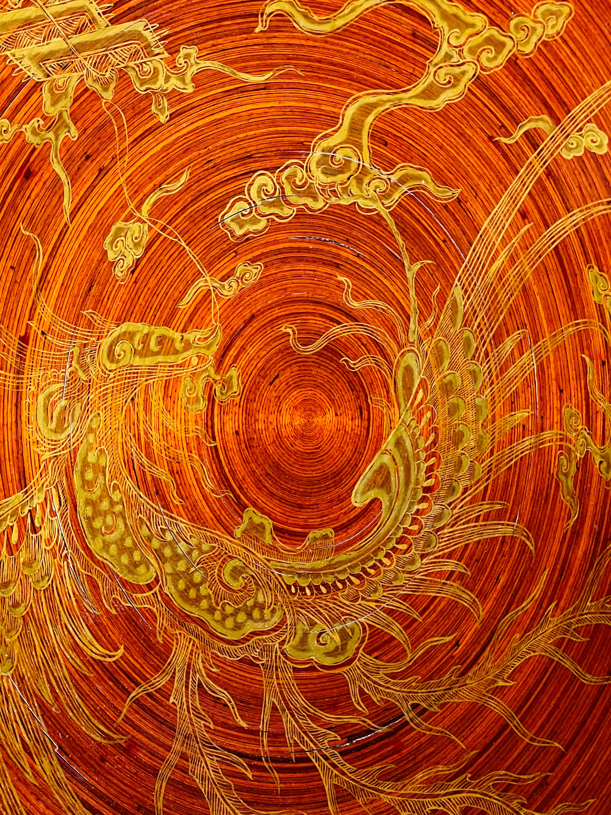 Oversize Chinese lacquer charger with filigree gold dragon and clouds on cinnabar-red coiled ground