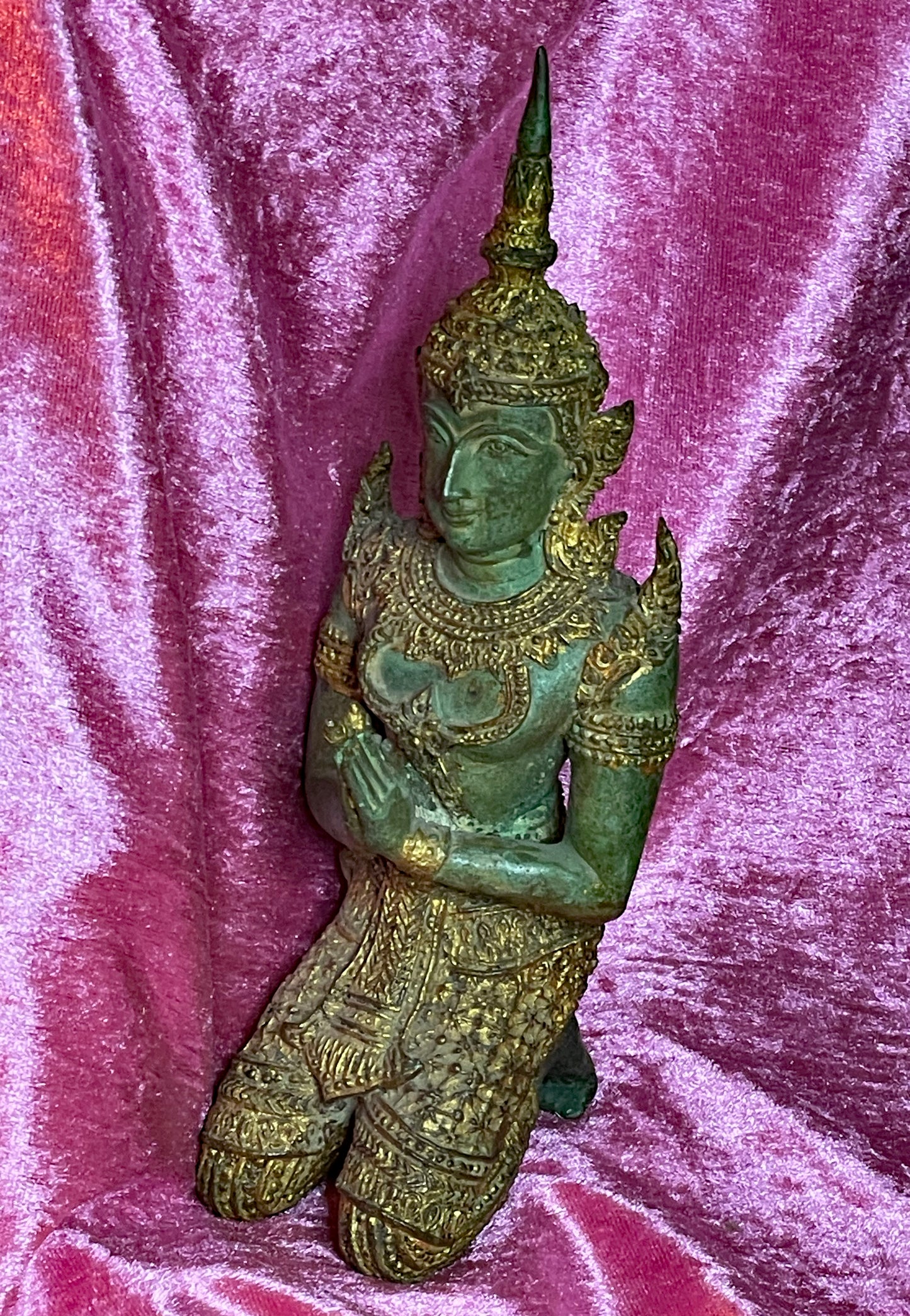 Kneeling Teppanom temple guardian in prayer, pointed crown, green and gilt bronze