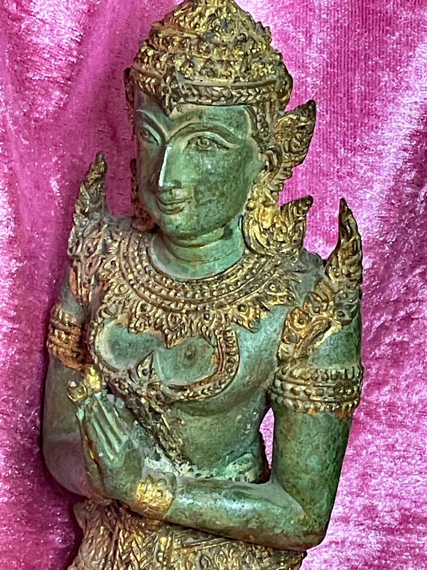 Teppanom guardian torso showing green patina and gilt decoration