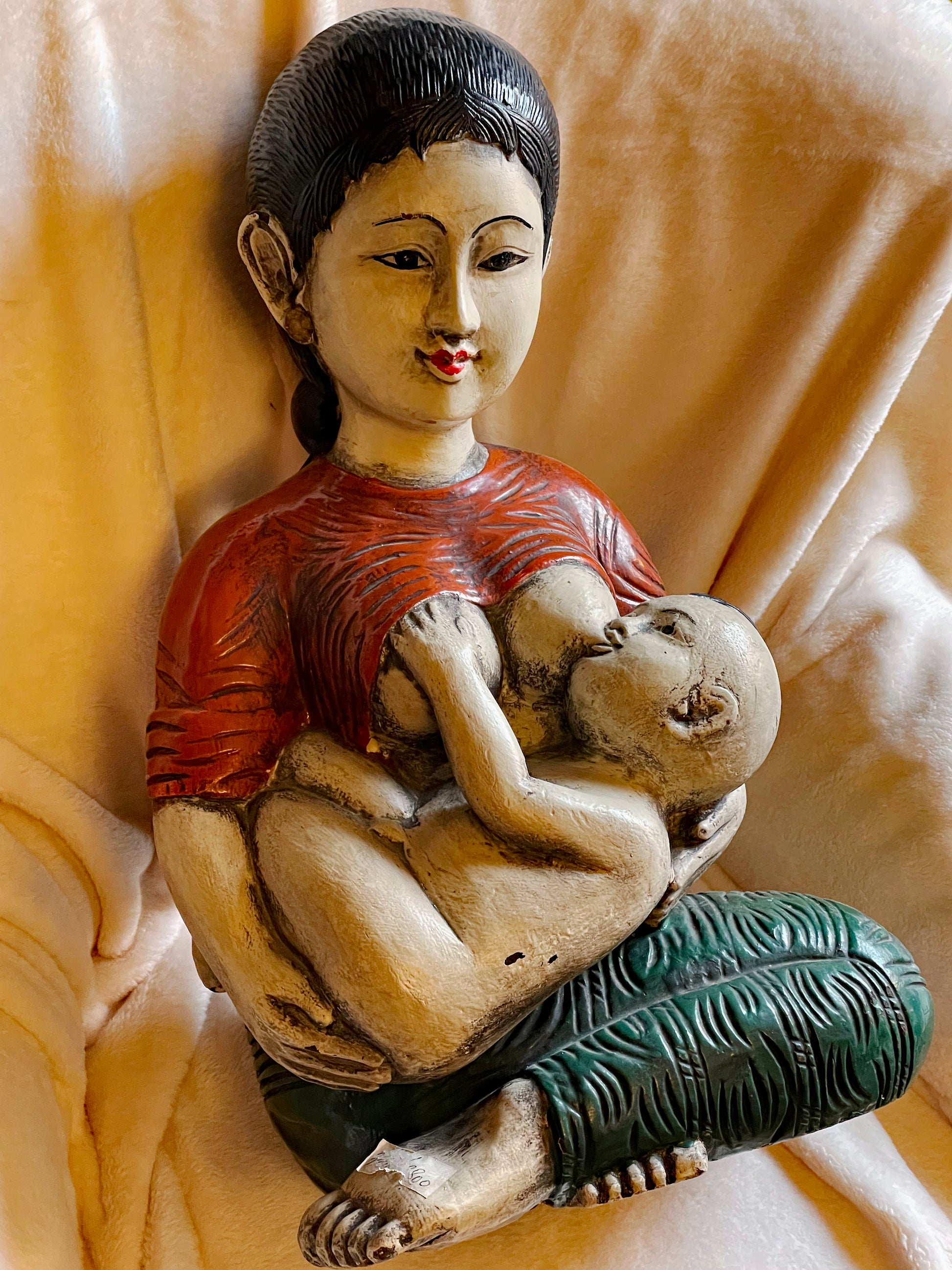 Japanese hand-carved polychrome wood mother and child sculpture, front view