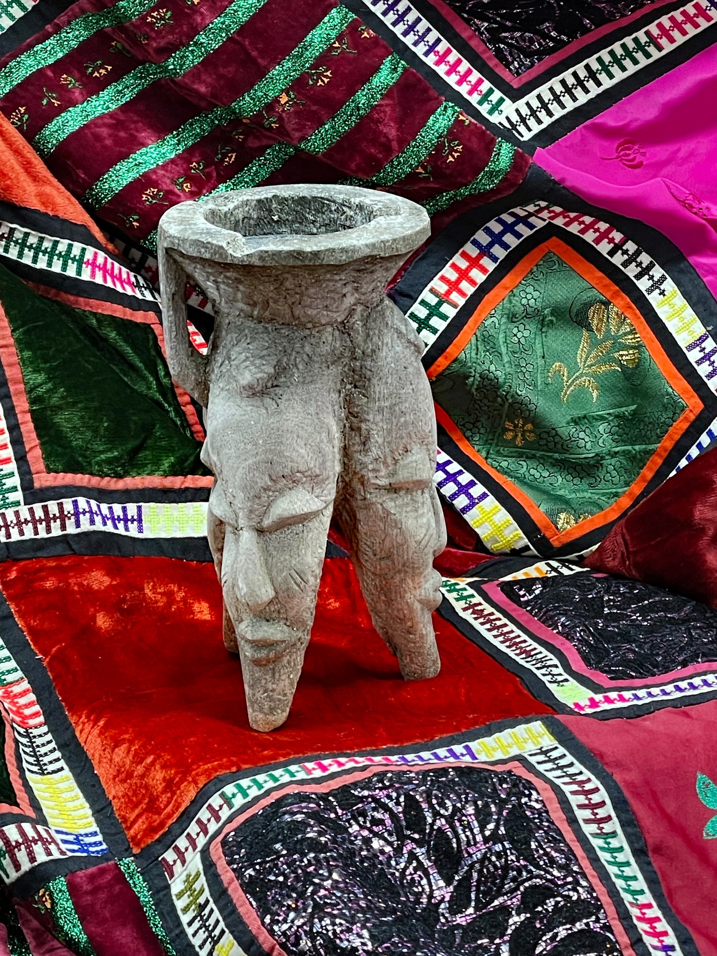 Tribal wooden incense vessel from another angle