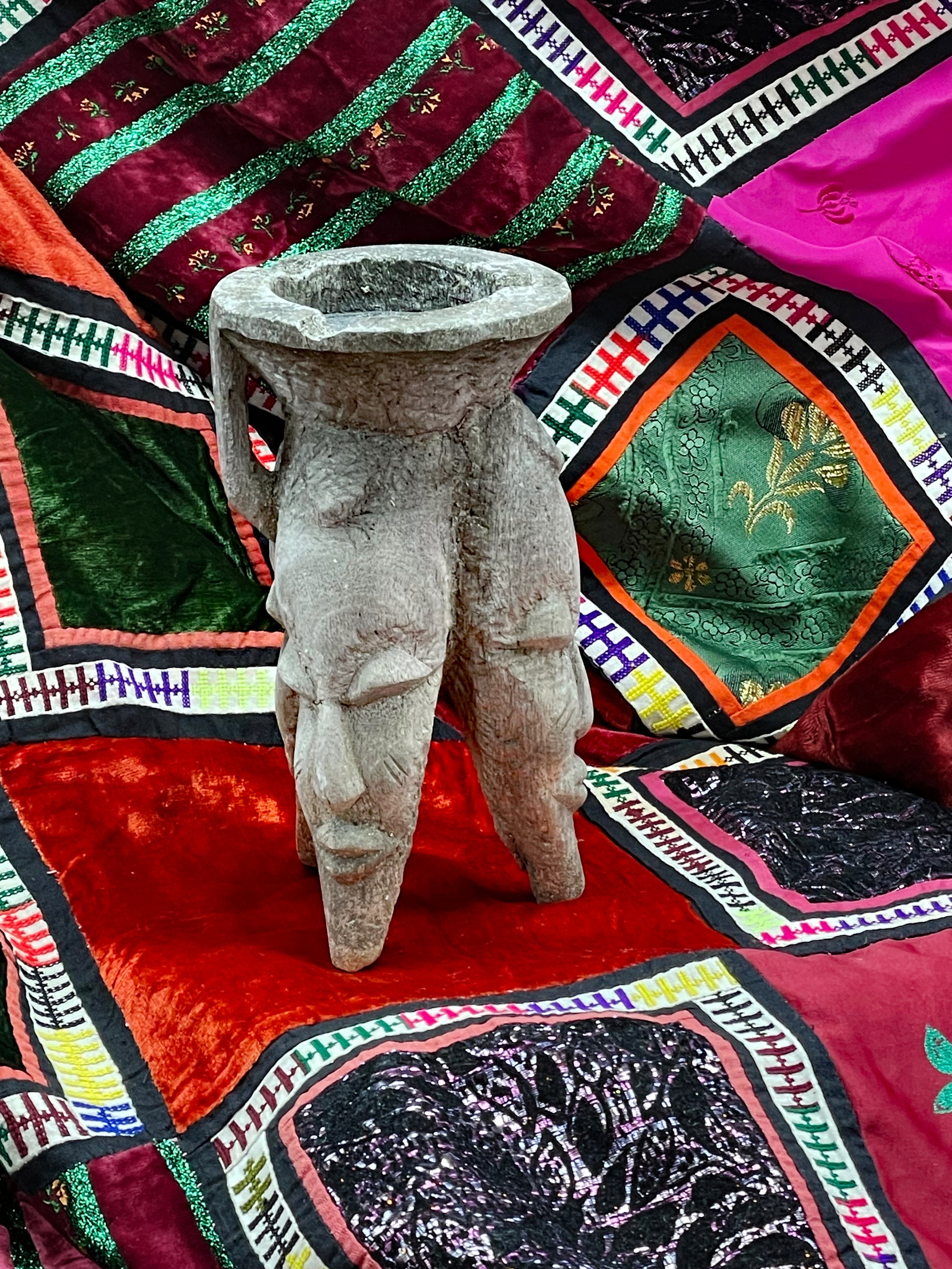 Tribal wooden incense vessel from another angle