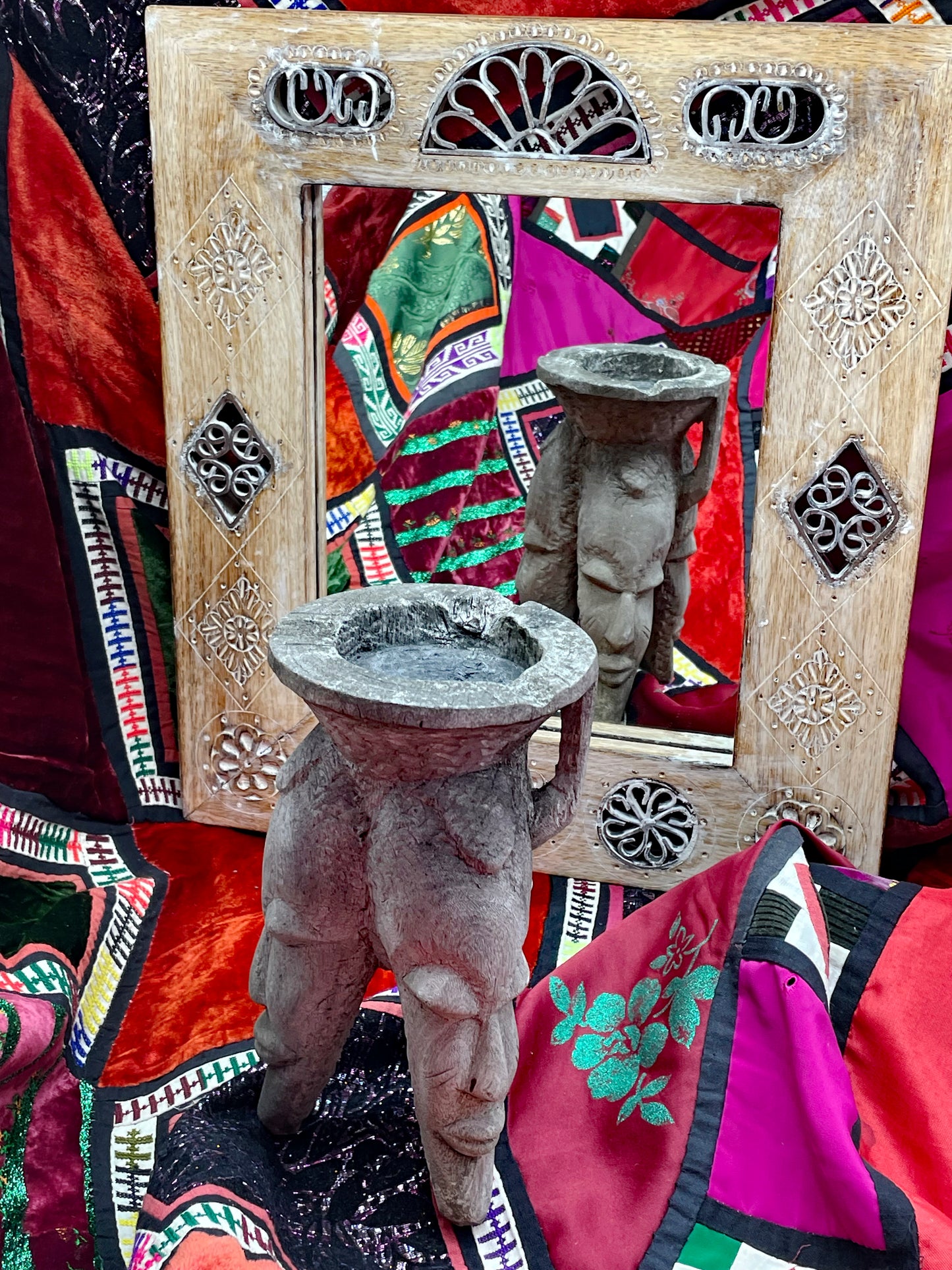 Detail view of the wide ceremonial bowl of the tribal incense vessel
