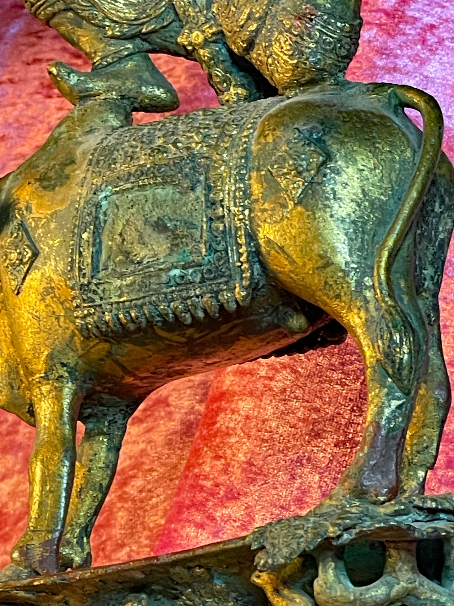 Gilt bronze Nandi the sacred bull with engraved saddle blanket, close-up